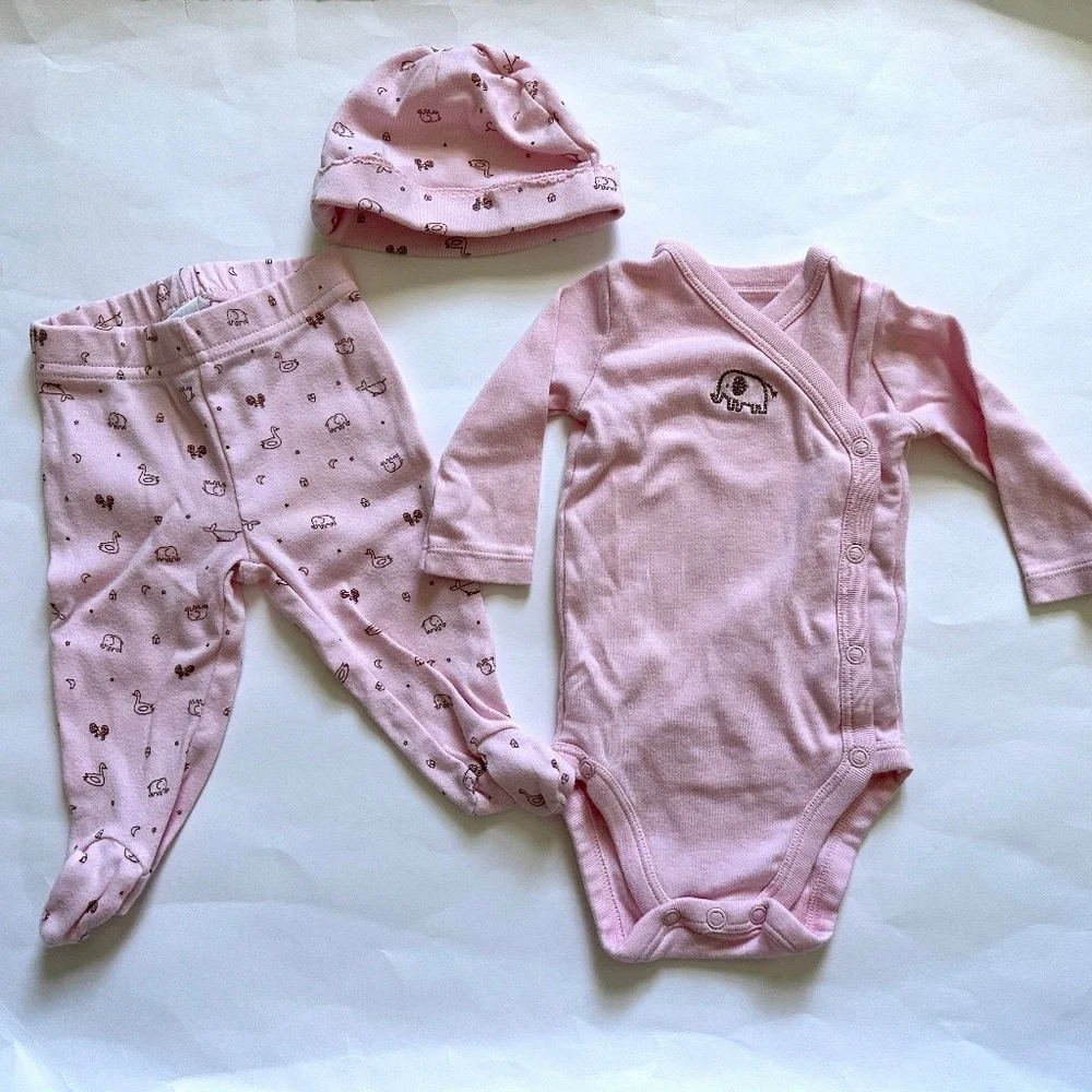Baby Girl Matching Set 3 Piece Rose Pink Elephants